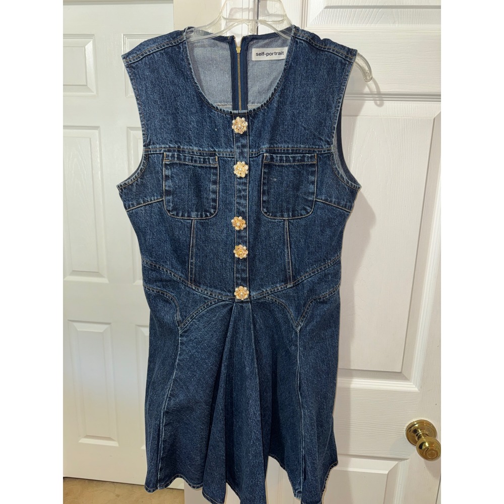 Self-Portrait Skater Denim Mini Dress  Button Fit Flare US‎ 12 UK 16 - Picture 6 of 10